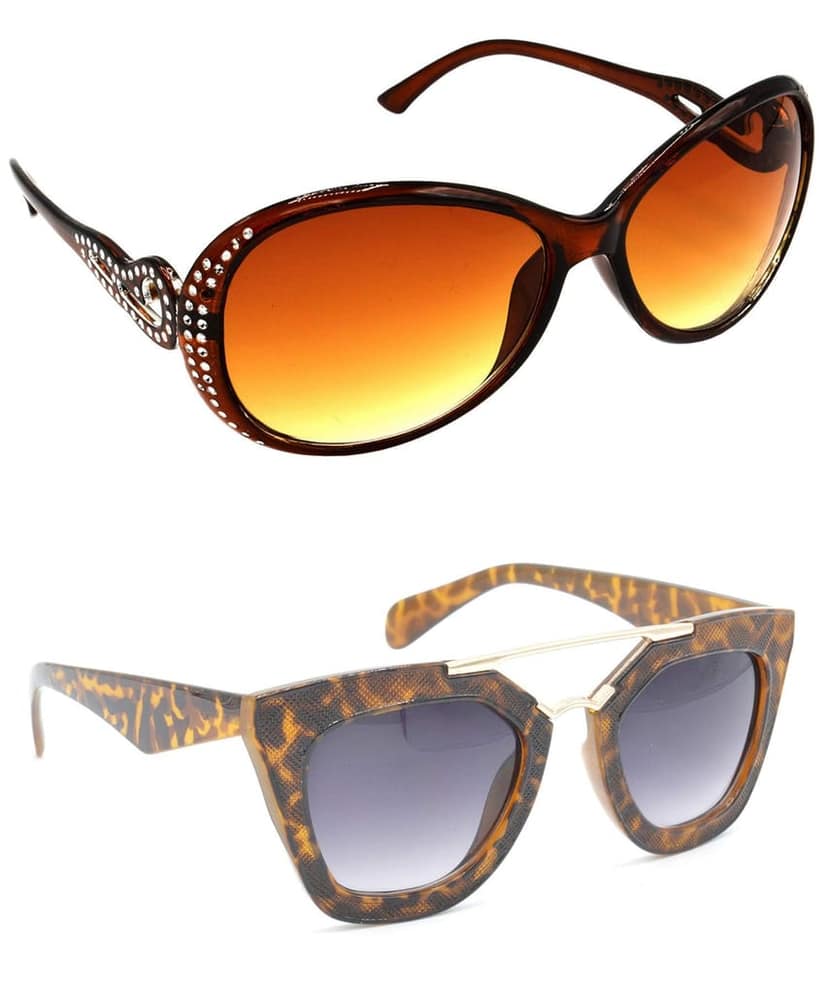 Hrinkar Unisex Round Sunglasses Silver & Golden Frame, Brown & Clear Lens (Medium) - Pack of 2