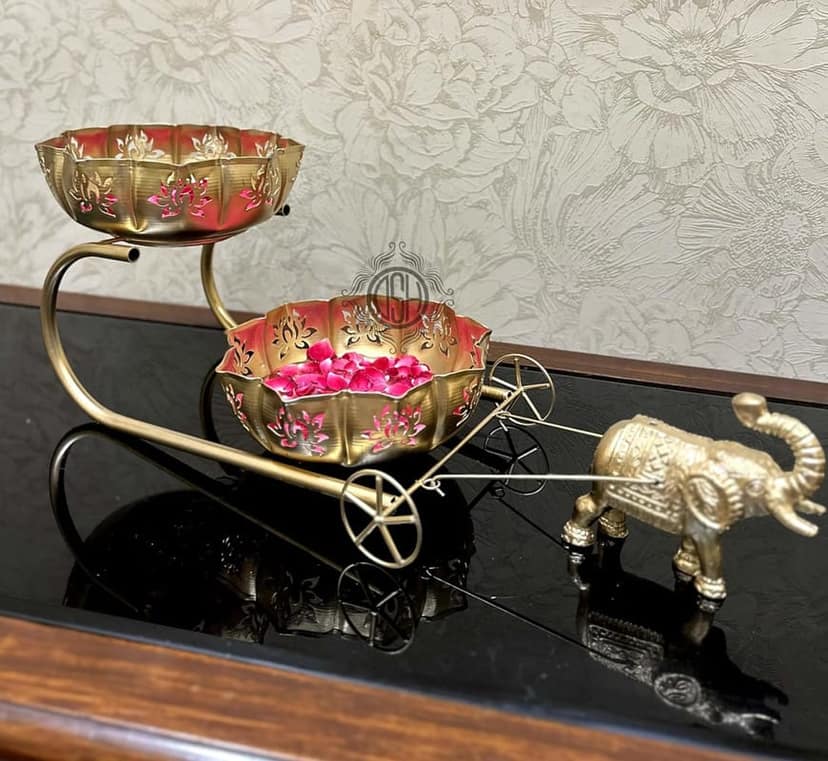 Urli Bowl Elephant Baggi Cart for Floating Flowers and Tea Light Candles for Diwali Home Decoration (27-Elephant cart-Kamal)