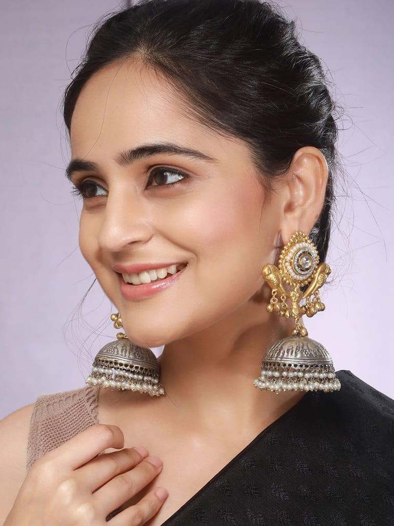 Dual Toned Pearl Beaded Bird Motif Dome Shaped Contemporary Jhumka earrings view 2