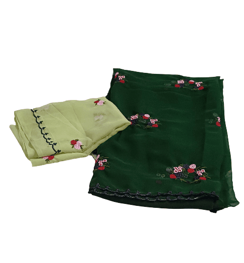 Green Saree with Floral Embroidery & Light Green Dupatta view 3