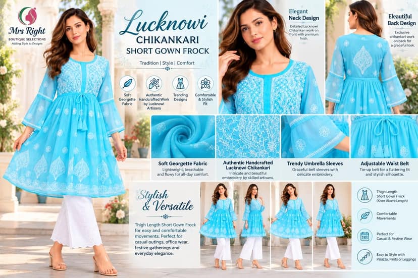 Mrs Right Women’s Short Georgette Gown Frock with Handcrafted Lucknowi Chikankari Work, Umbrella Sleeves & Adjustable Waist Belt, Thigh Length view 5