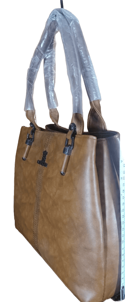 Brown Faux Leather Tote Handbag with Silver Accents view 3