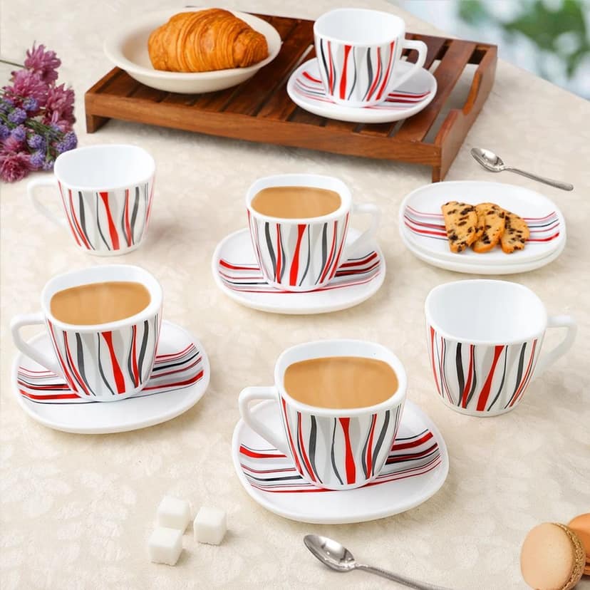 Larah by BOROSIL Pack of 12 Opal ware Rio Red Cup and Saucer Square Set , 220ml view 2
