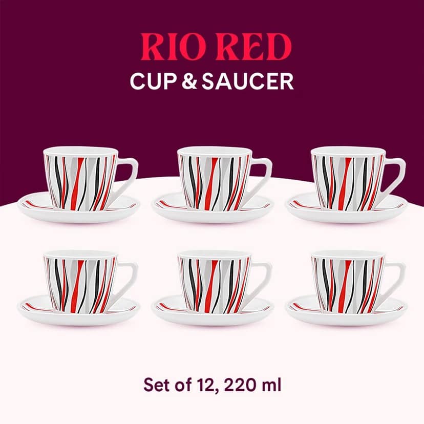 Larah by BOROSIL Pack of 12 Opal ware Rio Red Cup and Saucer Square Set , 220ml view 3