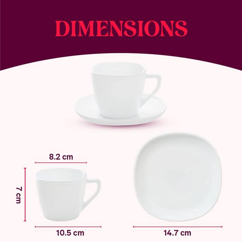 Larah by BOROSIL Pack of 12 Opal ware Rio Red Cup and Saucer Square Set , 220ml view 4