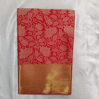 Vibrant Red Silk Saree with Golden Zari Floral Weave & Rich Border