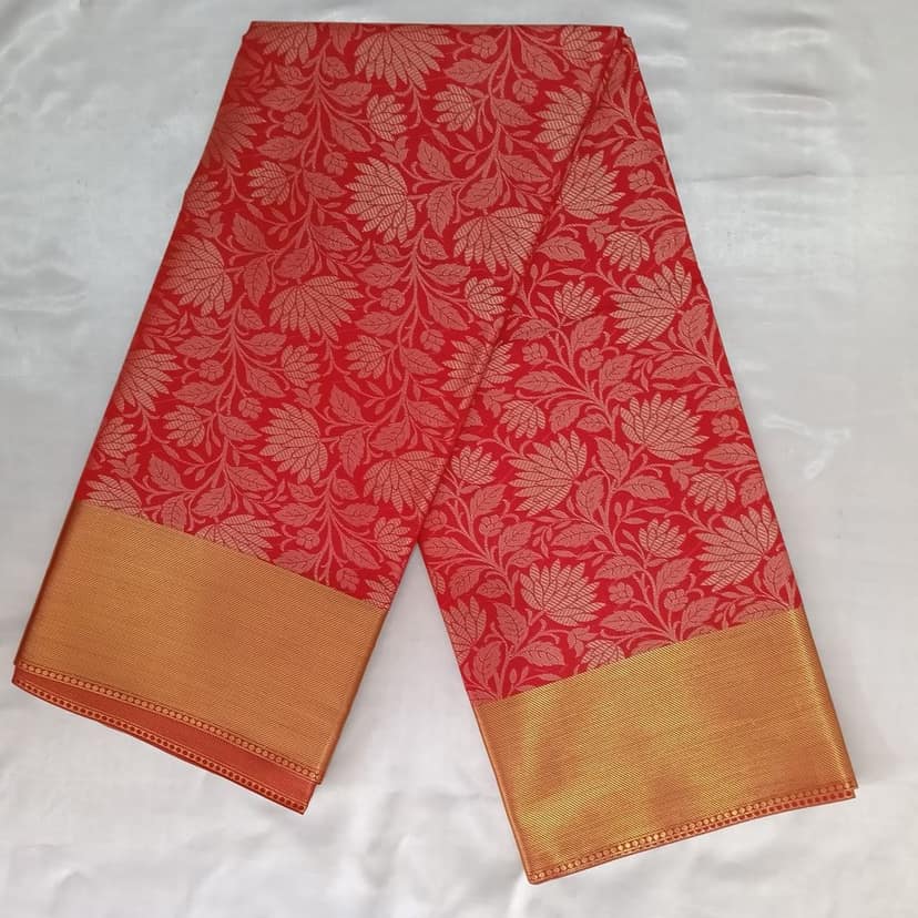 Vibrant Red Silk Saree with Golden Zari Floral Weave & Rich Border view 2