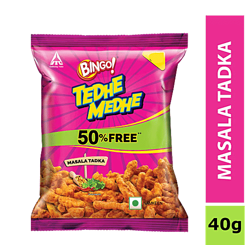 Bingo Tedhe Medhe Masala Tadka - Indian Masala Flavour, Spindle Shaped Crunchy Snack, Perfect For Snacking, 40 g Pouch