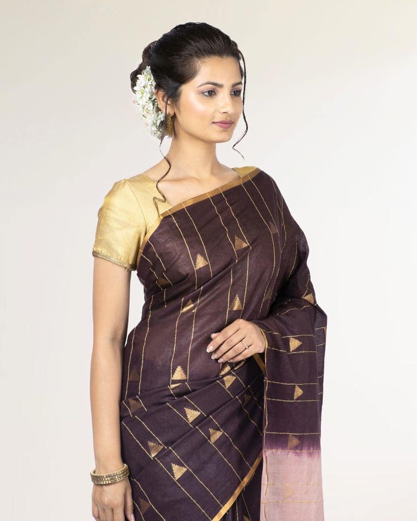Kota Silk Saree Wine Dark BrownColor Weaving Triangle with running blouse-4670 view 2