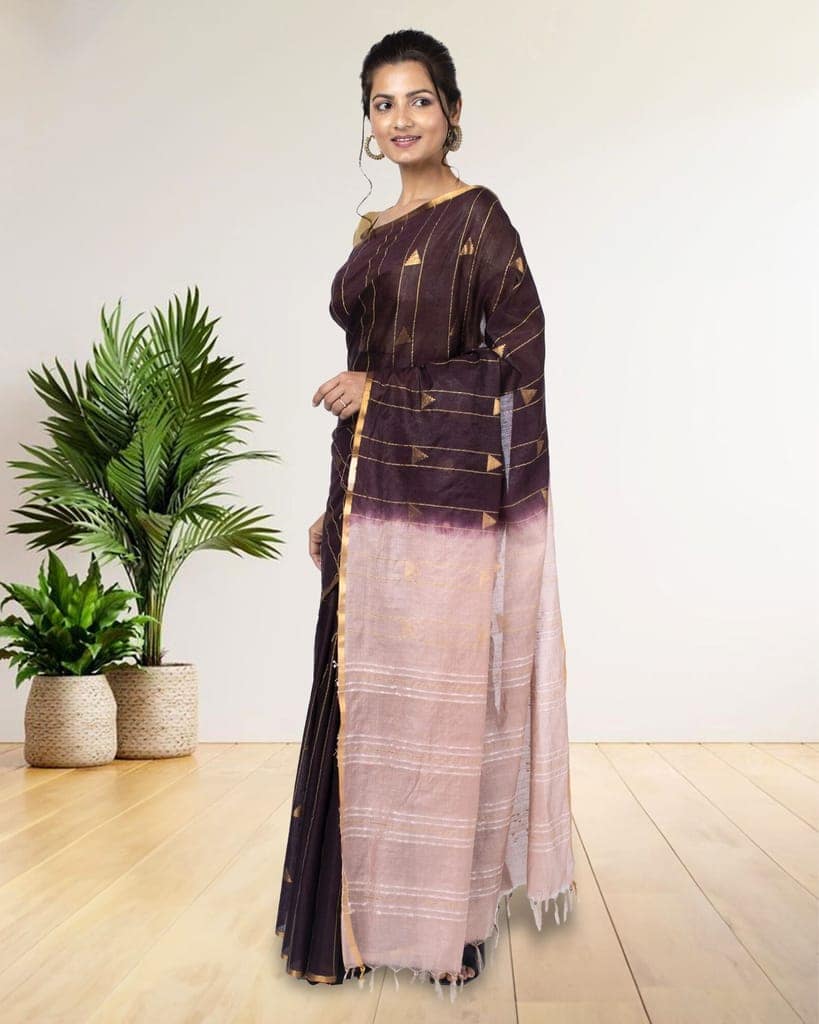Kota Silk Saree Wine Dark BrownColor Weaving Triangle with running blouse-4670 view 5