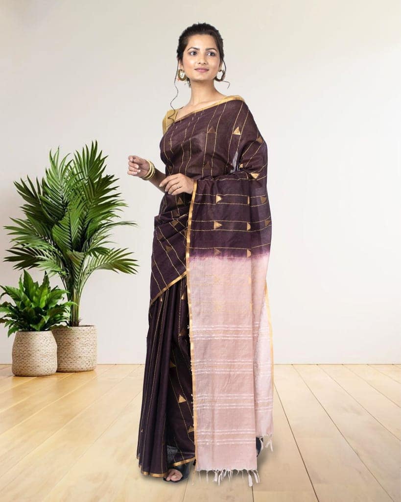 Kota Silk Saree Wine Dark BrownColor Weaving Triangle with running blouse-4670 view 6