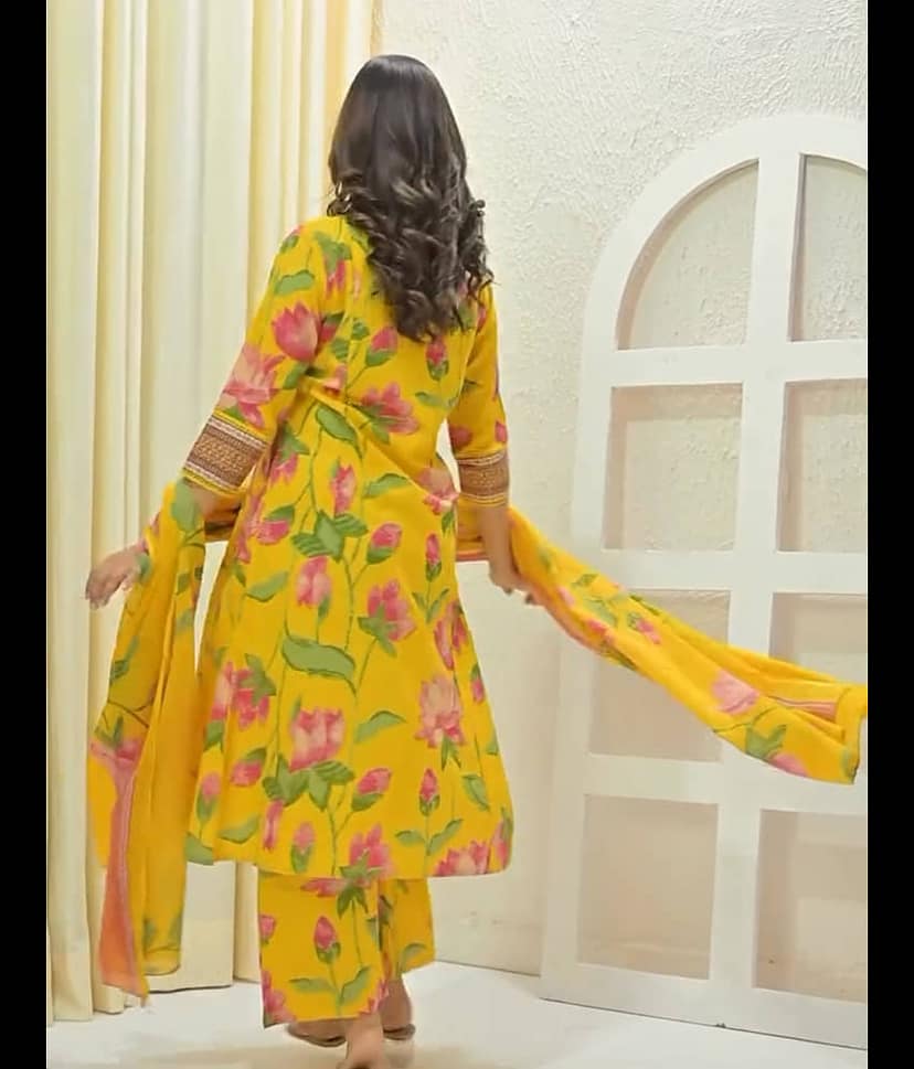 Heavenly Attire Women Cotton Printed Anarkali Kurti With Pants ( Yellow ) view 2