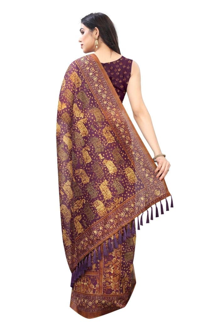 Silk Zone Women's Ajrakh Kalamkari Cotton Digital Printed Tassel Saree with Blouse Piece view 3
