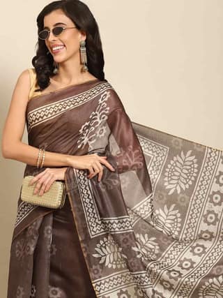 Women's Pure Cotton block print saree with unstiched blouse piece