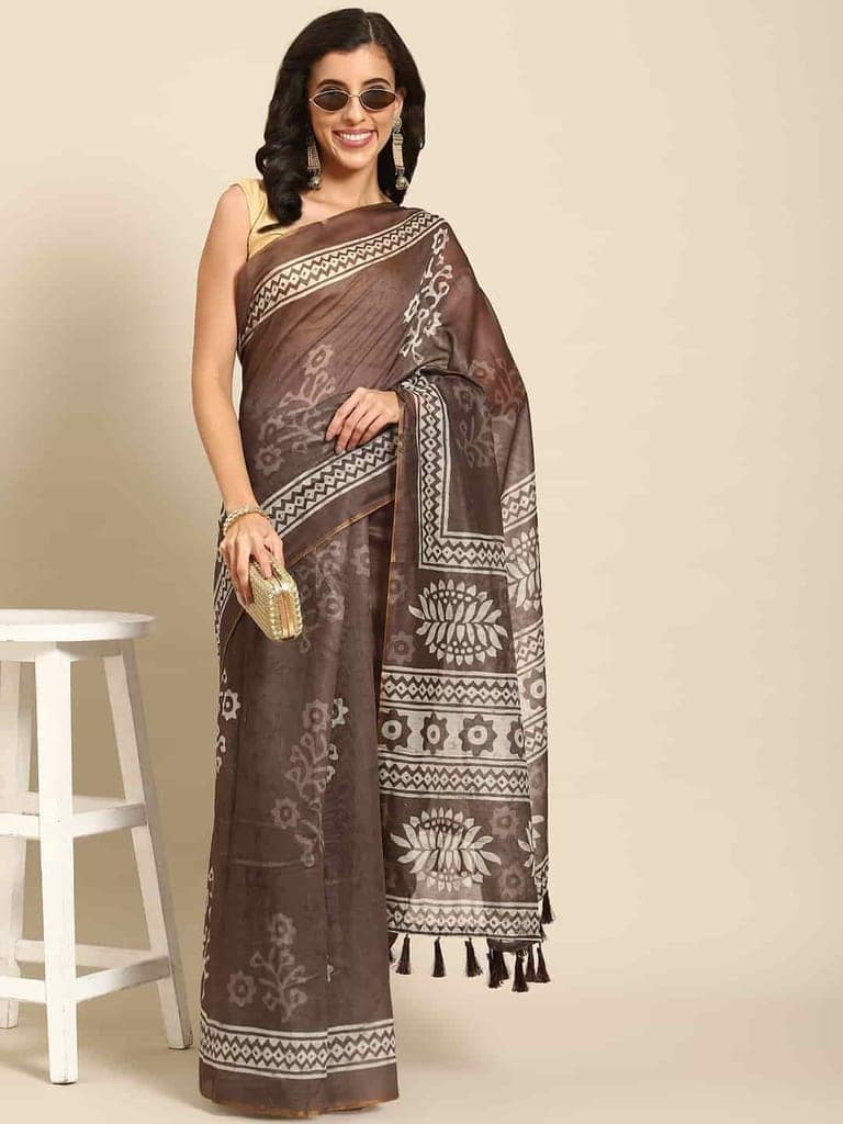 Women's Pure Cotton block print saree with unstiched blouse piece view 2