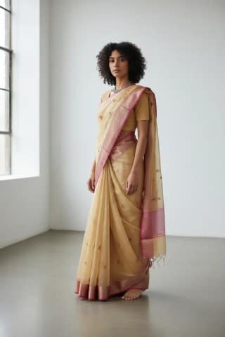 Light Sandal Kota Doria Cotton-Silk Saree with Zari Border and Blouse