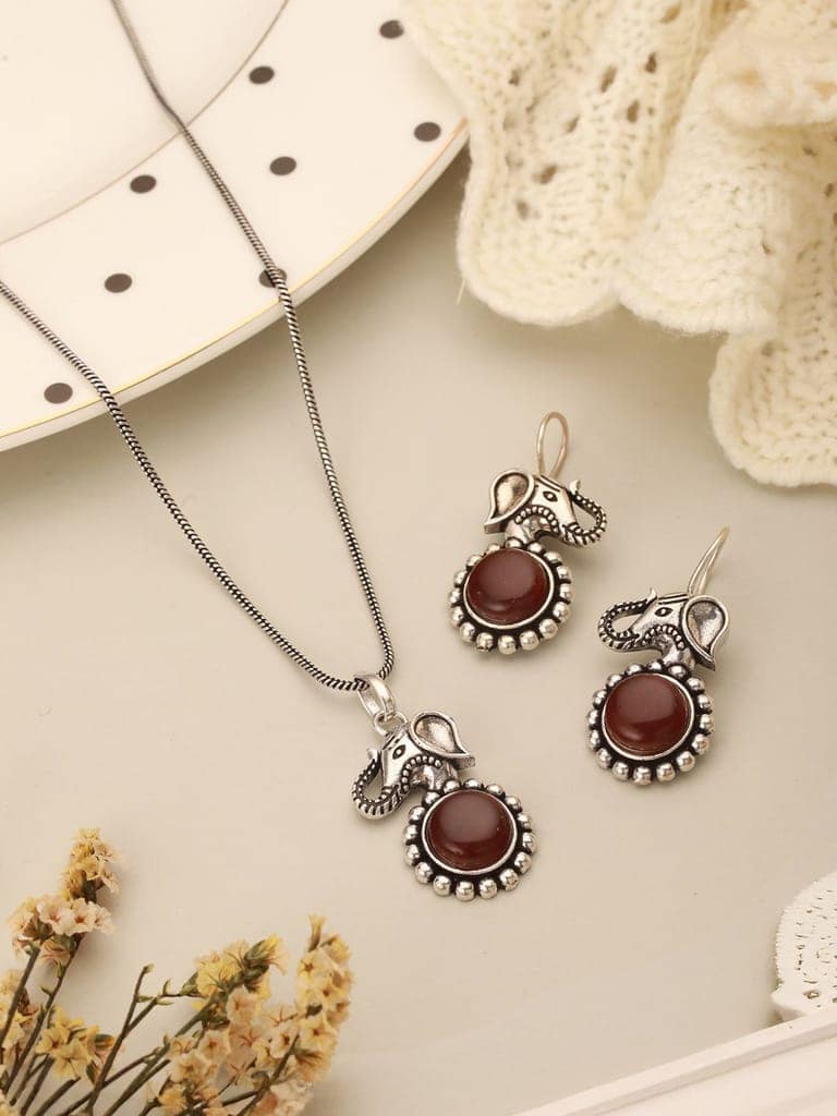 Silver Oxidised Toned Red Ruby Minimal Elephant Motif Fish Hook Earrings Pendant Jewellery Set view 4