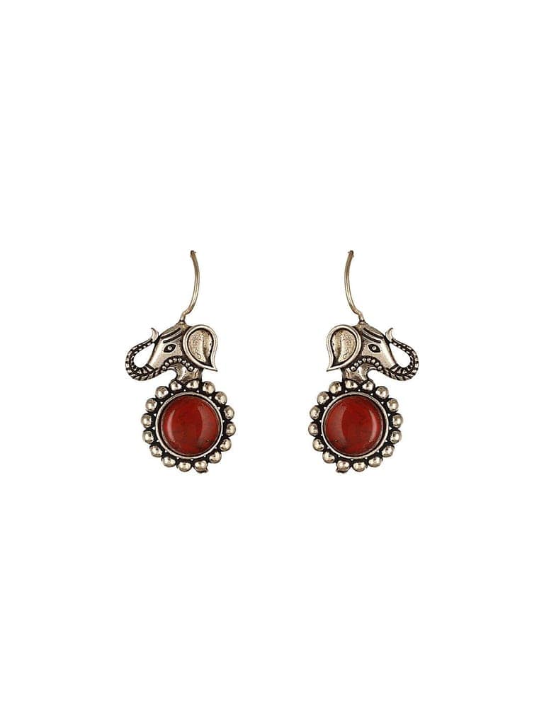 Silver Oxidised Toned Red Ruby Minimal Elephant Motif Fish Hook Earrings Pendant Jewellery Set view 5