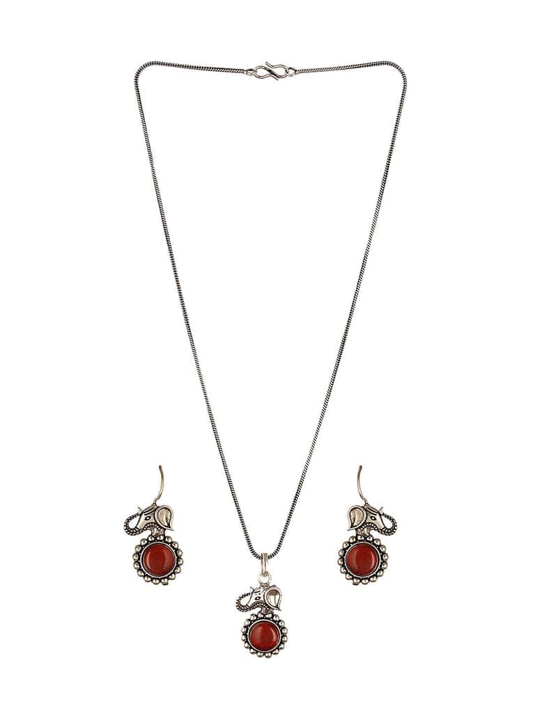 Silver Oxidised Toned Red Ruby Minimal Elephant Motif Fish Hook Earrings Pendant Jewellery Set view 7