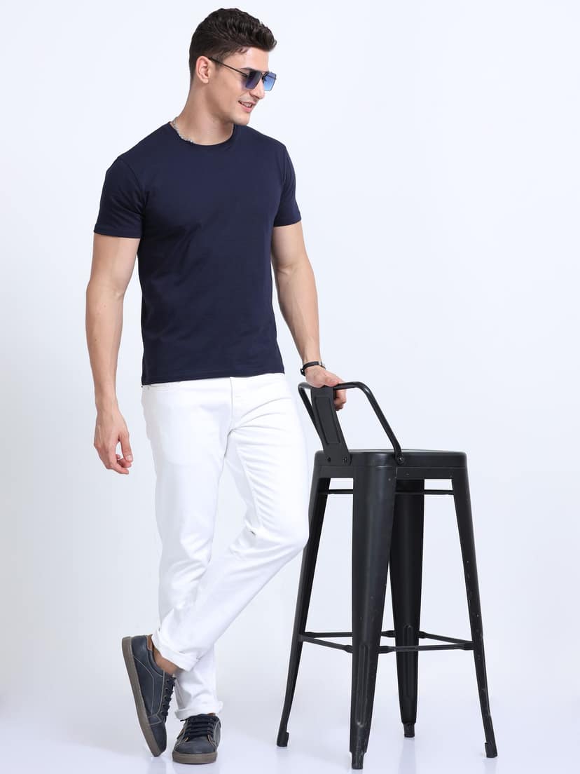 Cotton T-Shirt | Ultrafine Single Jersey | 180 GSM | Biowashed | Eco-Friendly | 100% cotton | Plain tshirt | Navy Blue Colour | Size - L (42 Chest / 28 length ) view 4