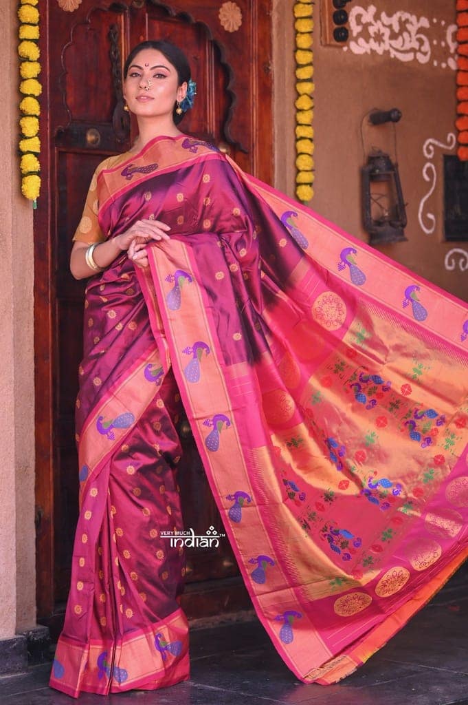 Raaga Exclusive~ Traditional Handloom Pure Silk Soli Wine Paithani with Peacock Border and Maharani Pallu view 3