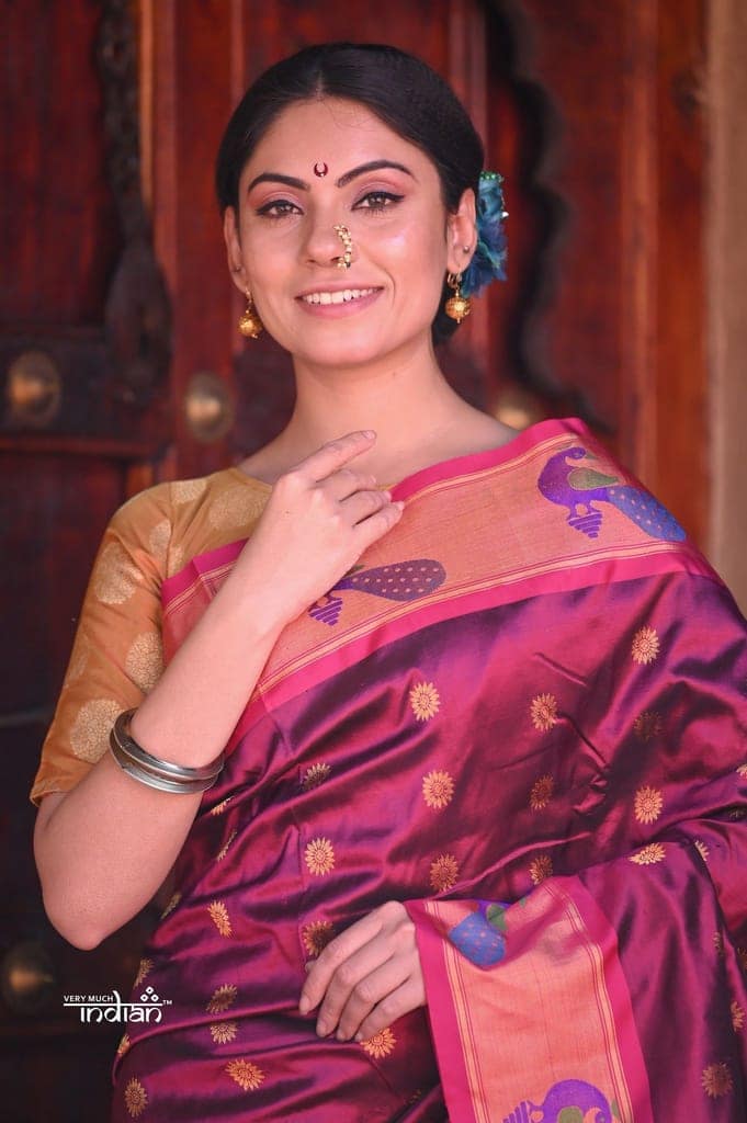 Raaga Exclusive~ Traditional Handloom Pure Silk Soli Wine Paithani with Peacock Border and Maharani Pallu view 4