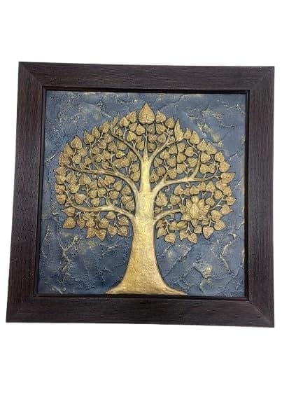 Framed Tree of Life Wall Art, Gold on Blue, Textured Relief, Wooden Frame, Square Size-(36 * 36 cm)