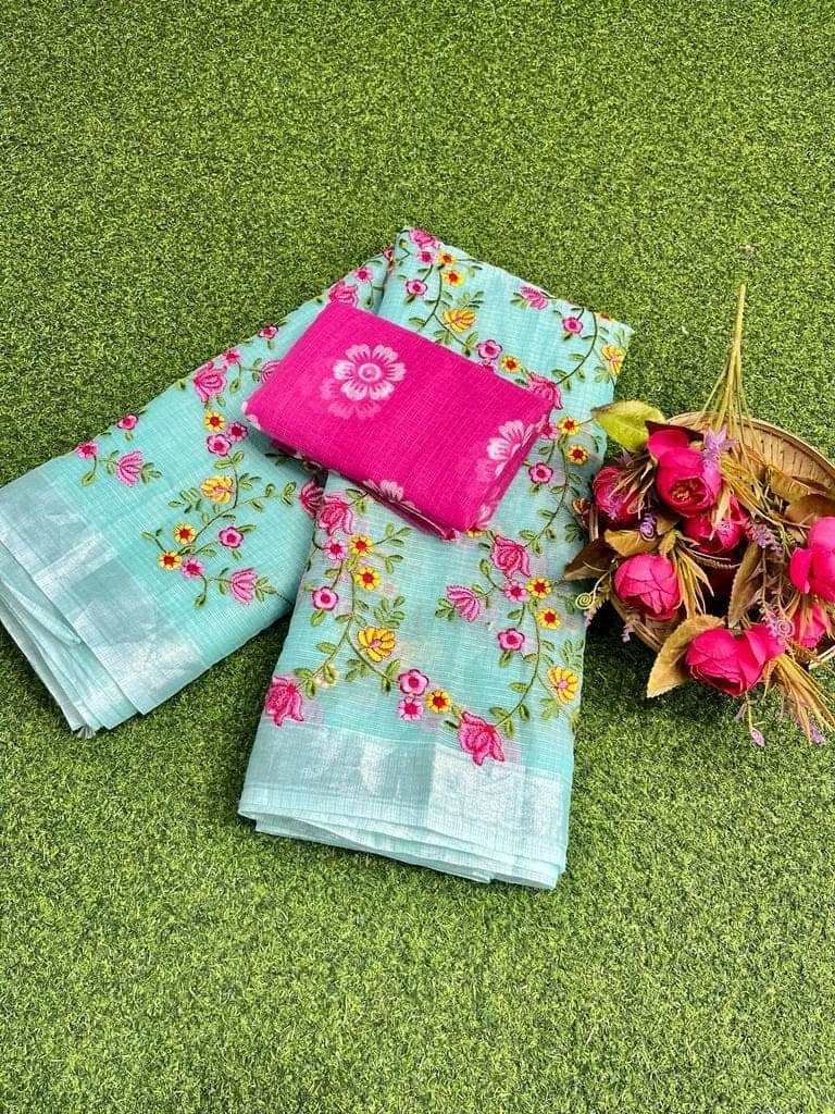 Kota Doria Saree Green Color Floral Embroidered with Blouse Piece-5701 view 2