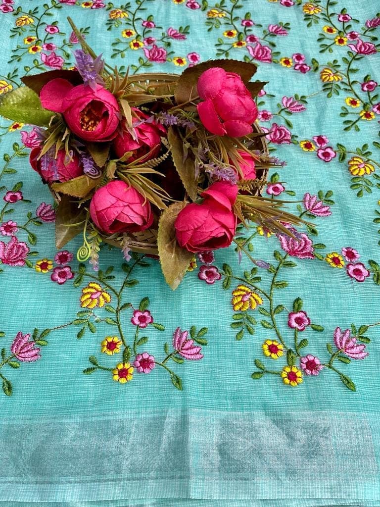 Kota Doria Saree Green Color Floral Embroidered with Blouse Piece-5701 view 3