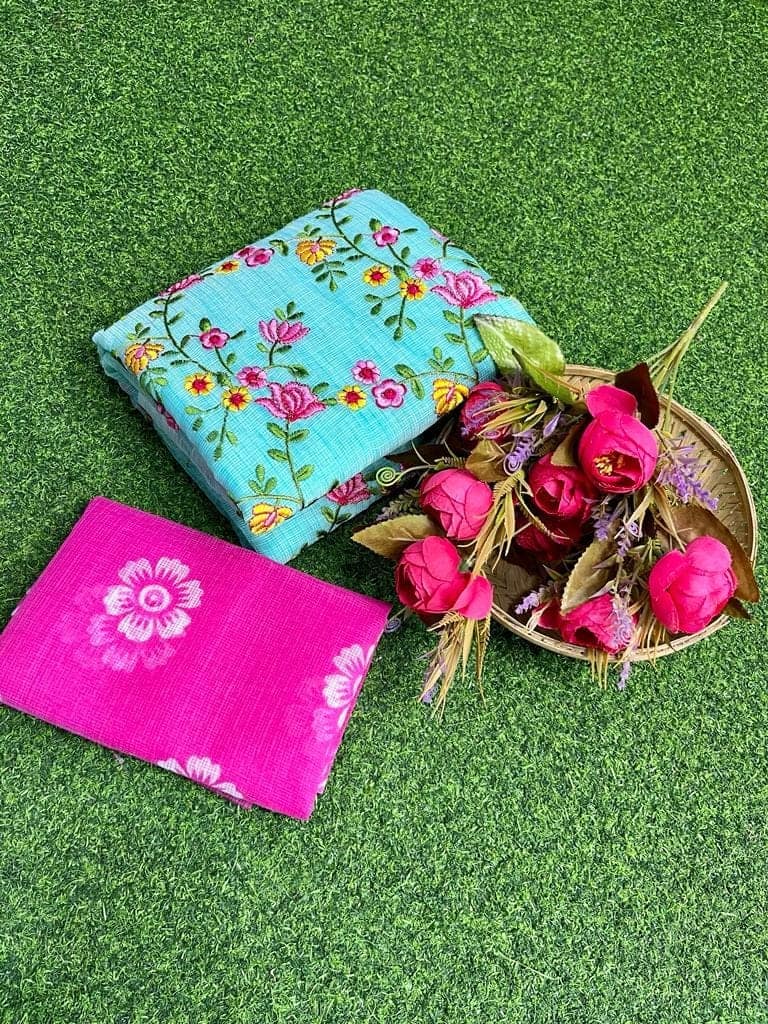 Kota Doria Saree Green Color Floral Embroidered with Blouse Piece-5701 view 4