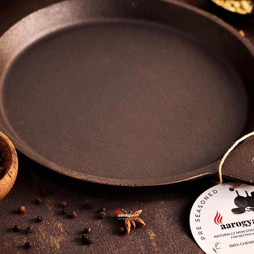 Aarogyam Cast Iron Shallow Fry Pan (Rough) , Pre-Seasoned 10 inch Diameter (25cm), Naturally Non-stick, Toxin-Free, Gas & Induction Compatible, Weight- 1.3 kg (Colour - Black) by Aarogyam - The Cast Iron Shop view 2