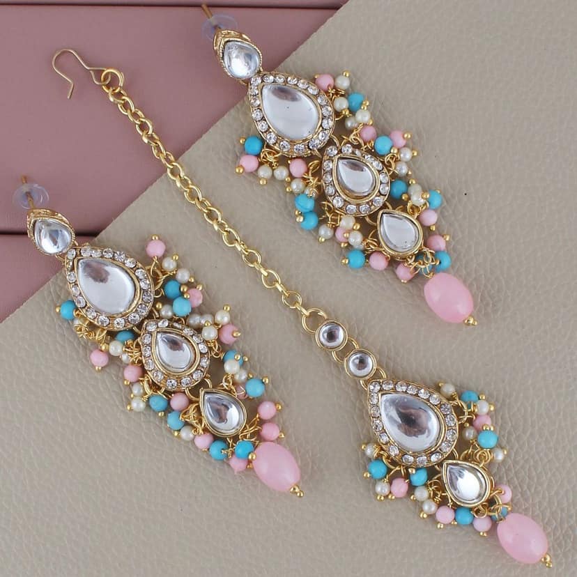 Lucky Jewellery Gold Plated Multi Color Tika Earring Necklace Combo Kundan Jewellery Set (726-MSK-3-LINE-PKF) view 2