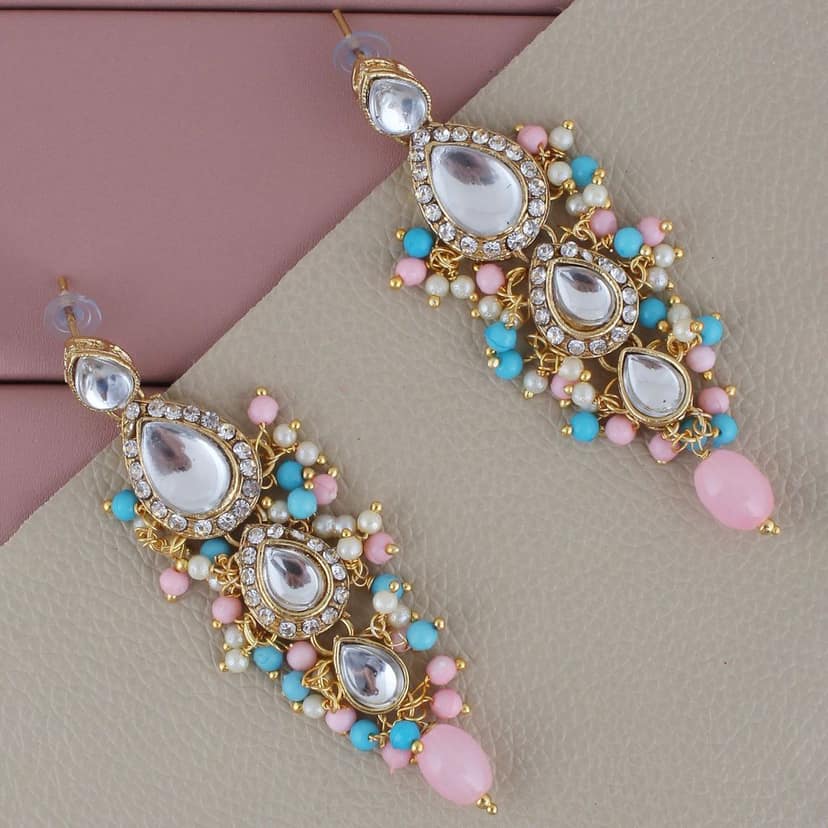 Lucky Jewellery Gold Plated Multi Color Tika Earring Necklace Combo Kundan Jewellery Set (726-MSK-3-LINE-PKF) view 3