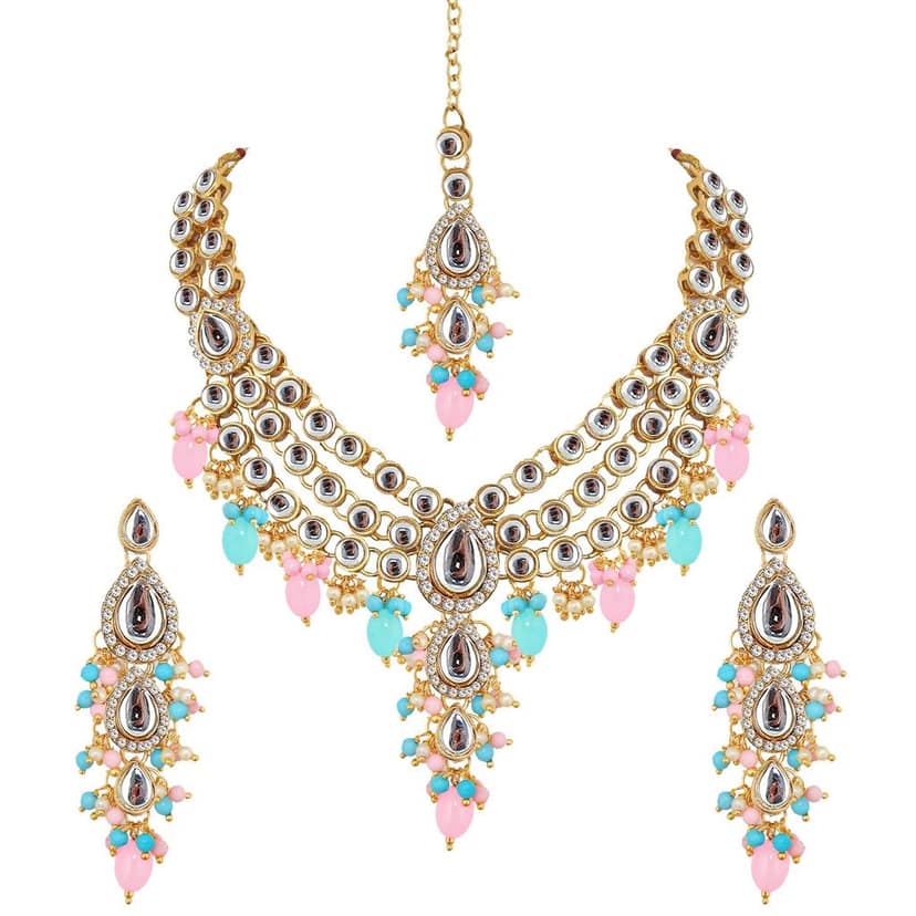 Lucky Jewellery Gold Plated Multi Color Tika Earring Necklace Combo Kundan Jewellery Set (726-MSK-3-LINE-PKF) view 4