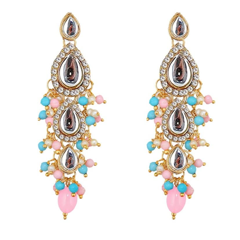 Lucky Jewellery Gold Plated Multi Color Tika Earring Necklace Combo Kundan Jewellery Set (726-MSK-3-LINE-PKF) view 6