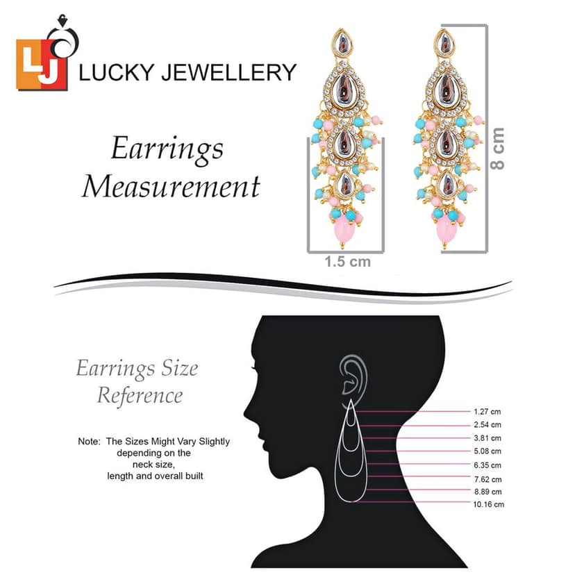 Lucky Jewellery Gold Plated Multi Color Tika Earring Necklace Combo Kundan Jewellery Set (726-MSK-3-LINE-PKF) view 7