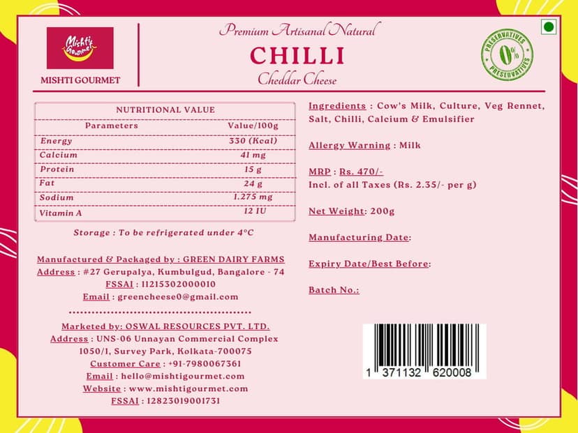 Mishti Gourmet Natural Chilli Cheddar 200g view 3