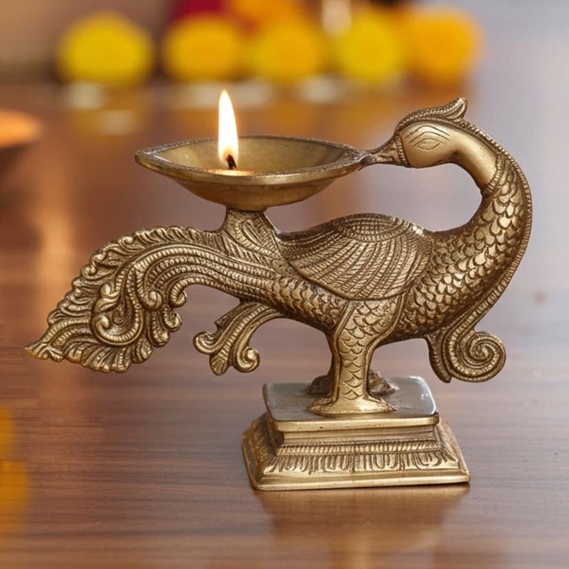 Brass Peacock Diya Jyoti Deepak Oil Lamp 1 Wicks - Handmade Brass Deepak for Home Puja, Height : 5 Inch (BSMAS1180 A)