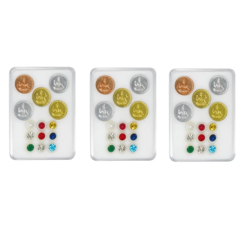 Navarathna Panchaloha Pooja Kit (Set of 3) � Panchalogam Lakshmi Coins and Navaratna Gemstones for Positive Energy and Ritual Balance � Traditional Vaasthu and Bhoomi Pooja Set