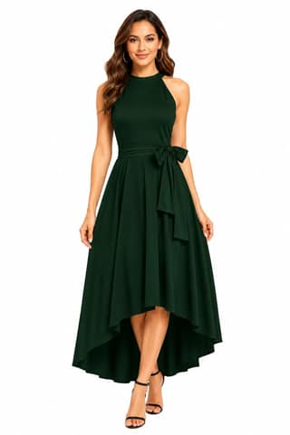 LICOLA Women & Girls Halter Neck High Low Maxi Dress with Waist Tie | Stylish One Piece Long Gown for Women | Sleeveless Western Dress for Women Party Wear & Casual