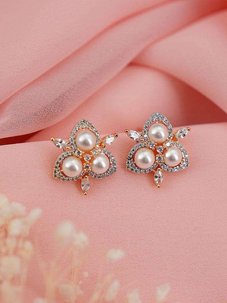 Dual Gold Toned AD & Pearl Studded Flower Delicate Studds Earrings view 3