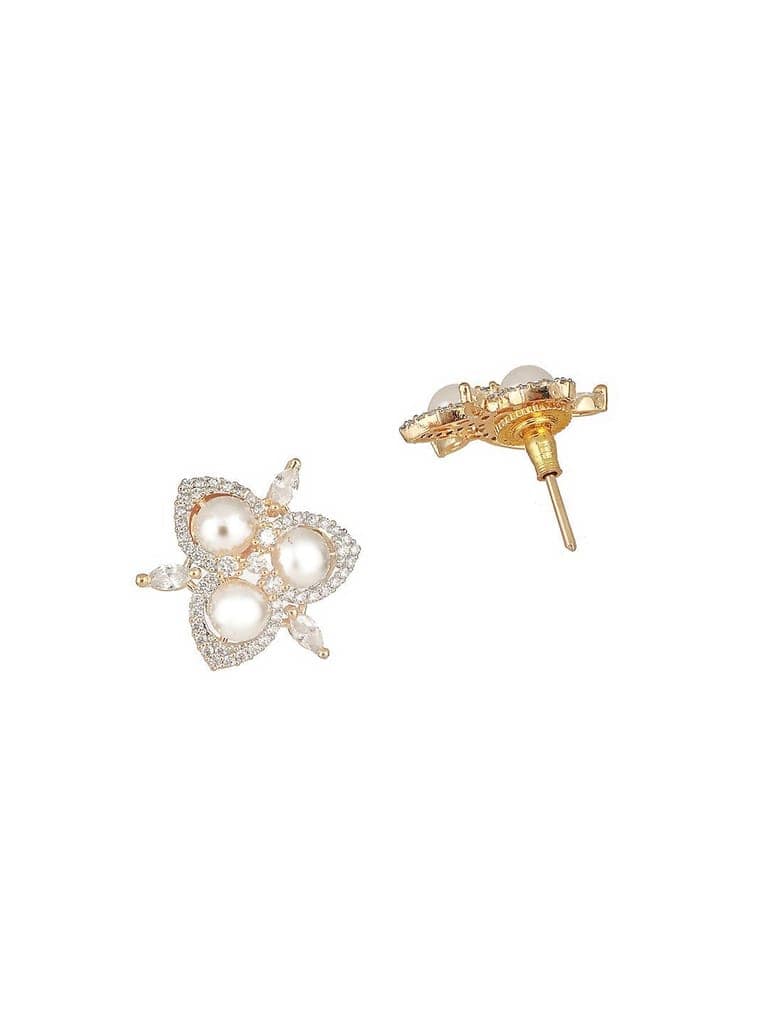 Dual Gold Toned AD & Pearl Studded Flower Delicate Studds Earrings view 6