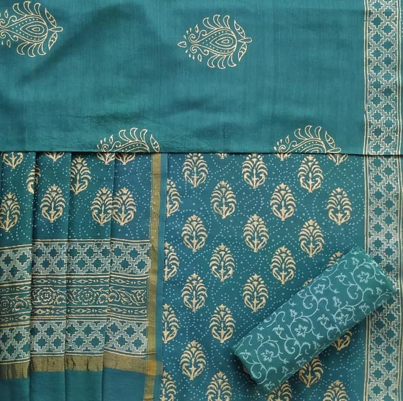 Designer Hand Block Print Chanderi Silk Suit set (CHA428) view 3