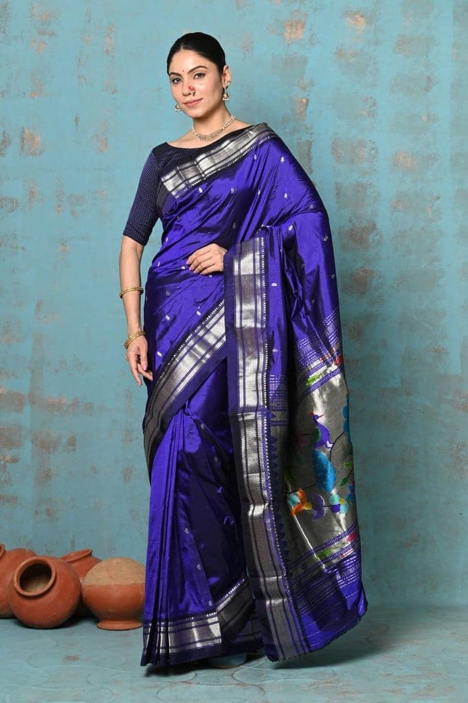 Tyohaar ~ Handloom Pure Silk Paithani Saree with Traditional Peacock Pallu ~ Royal Blue (By Government Certified Weavers) view 2