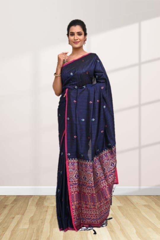 Navy Blue Tussar Silk Saree with Contrast Border