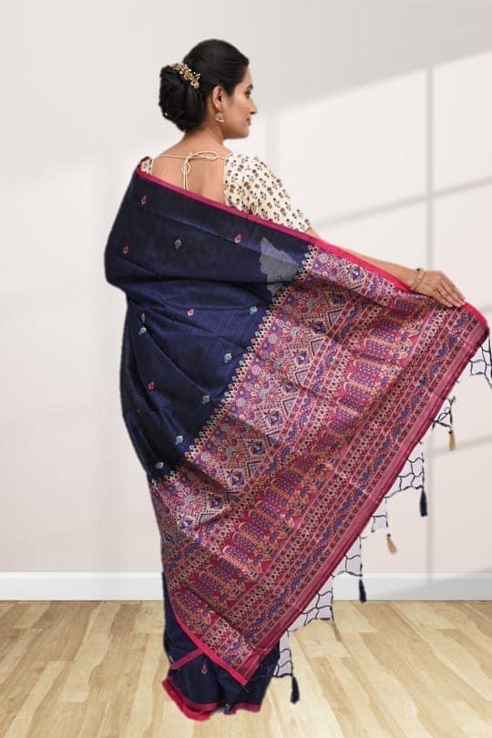 Navy Blue Tussar Silk Saree with Contrast Border view 2