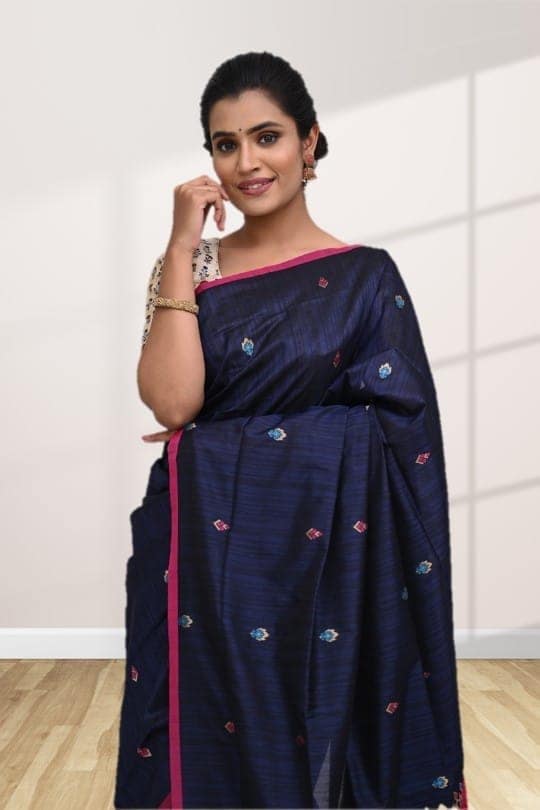 Navy Blue Tussar Silk Saree with Contrast Border view 3