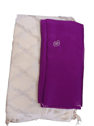 Cream Georgette Embroidered Saree With Purple Blouse