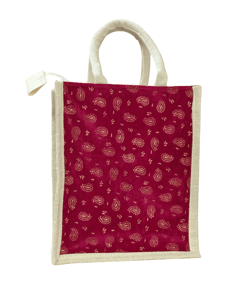 Ethnic Jute & Velvet redPaisley Gift Tote Bag - Reusable & Eco-Friendly