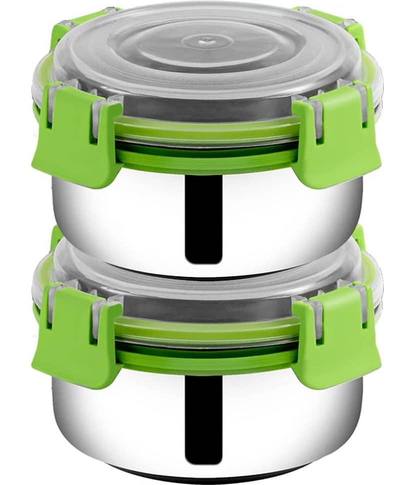 BOWLMAN Smart Clip Lock Premium Steel Green Food Container ( Set of 3 - 350mL each )